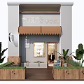 Shop Storefront With White Walls Brown Awning Wooden Planters Green Plants Bench And Small Blackboard