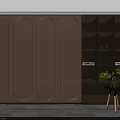 Beige Wardrobe With Curved Doors And Open Shelving With Books Green Plant And Small Stool