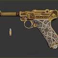 Golden Pistol With Intricate Engraved Patterns And Single Bullet 3d model