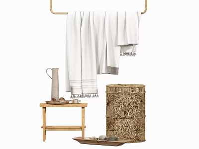 Natural Bathroom Cabinet Rack Featuring White Towel Wooden Stool Woven Basket And Stone Tray 3d model