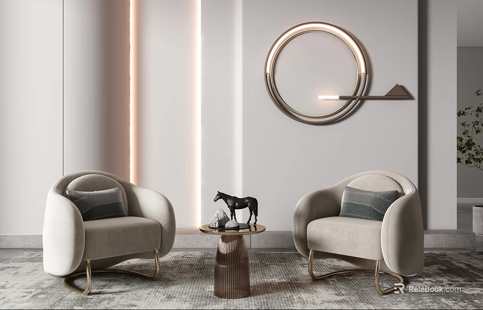 Modern Upholstered Accent Chairs With Round Coffee Table And Wall Art 3d model