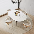 Modern Oval Dining Table Set With Marble Top Four Light Colored Chairs And Rug 3d model