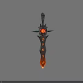 Ornate Dark Fantasy Sword With Black Hilt Central Red Gem And Orange Decorative Patterns