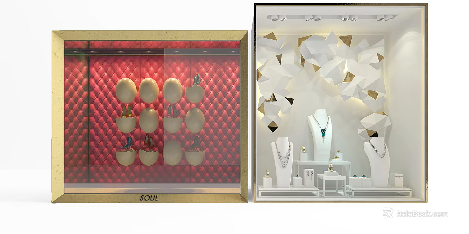 Fashion Shop Windows With Red Quilted Background Hats And White Geometric Design Necklace Mannequins 3d model 