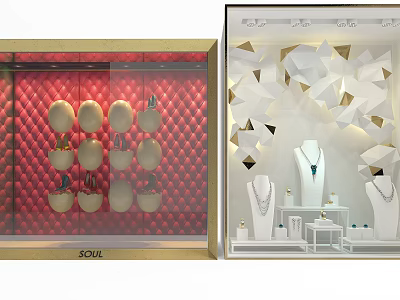 Fashion Shop Windows With Red Quilted Background Hats And White Geometric Design Necklace Mannequins 3d model