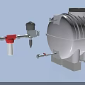 Industrial Equipment With White Storage Tank Gray Base Connected Pipes Valves And Red Components