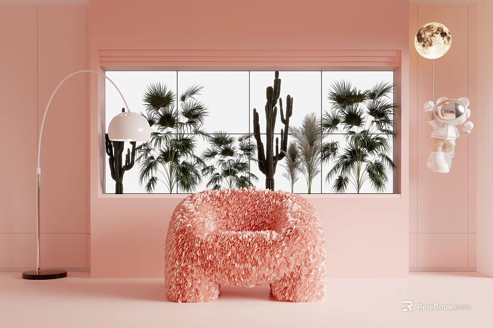 Cozy Pink Armchair in Pink Room with Window Green Plants and Globe Lamp 3d model 