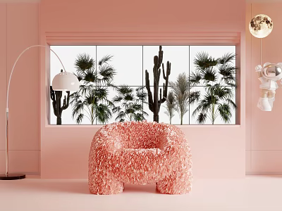 Cozy Pink Armchair in Pink Room with Window Green Plants and Globe Lamp 3d model