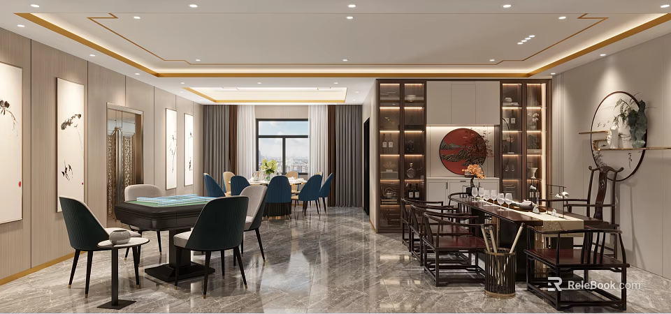 Luxurious Hotel Mahjong Room With Traditional Chinese Decor Green Table And Blue Chairs 3d model 