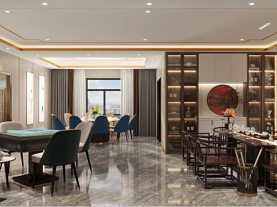 Luxurious Hotel Mahjong Room With Traditional Chinese Decor Green Table And Blue Chairs 3d model