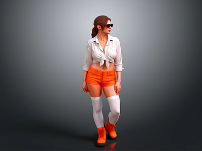 Woman In White Tied Shirt Orange Shorts Sunglasses White Thigh High Socks And Orange Boots 3d model