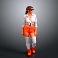 Woman In White Tied Shirt Orange Shorts Sunglasses White Thigh High Socks And Orange Boots
