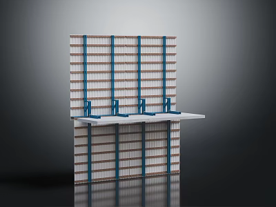 Striped Wall Panel Design With Blue Brackets White Shelf And Reflective Background 3d model