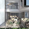 Modern Living And Dining Room Interior With Sofa Coffee Tables Decorative Painting And Shelves