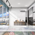 Dessert Shop Interior With Display Cases Wooden Counters And Tile Flooring