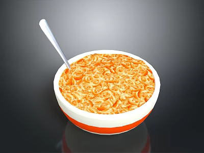 Bowl of Instant Noodles With Orange Soup White Bowl Orange Rim And Silver Spoon 3d model