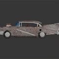 Rusted Vintage Car With Rocket Tail Fins And Colorful Windows Design