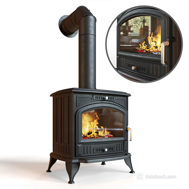 Freestanding Black Fireplace With Glass Door Burning Flames And Chimney Design 3d model 