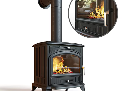 Freestanding Black Fireplace With Glass Door Burning Flames And Chimney Design 3d model