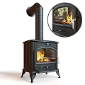 Freestanding Black Fireplace With Glass Door Burning Flames And Chimney Design