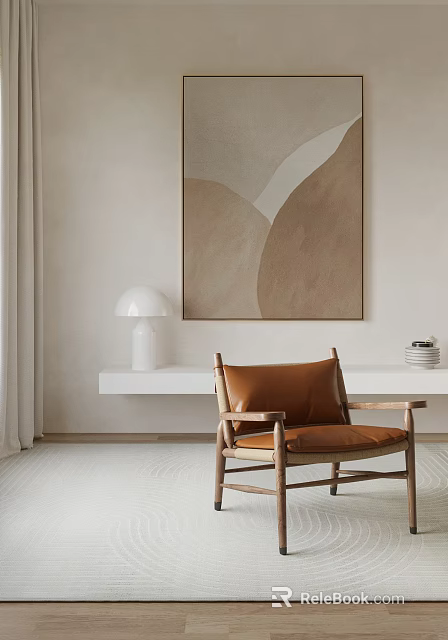 Minimalist Brown Leather Accent Chair With Wooden Frame And Armrest In Modern Interior 3d model 