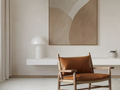 Minimalist Brown Leather Accent Chair With Wooden Frame And Armrest In Modern Interior 3d model