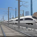 Yellow High Speed Train Running On Rail Track With Electric Poles And Tall Buildings