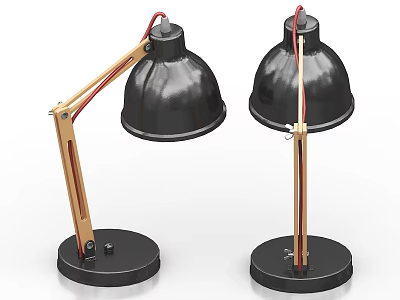 Modern Table Lamps With Black Shades Wooden Arms And Sturdy Black Bases 3d model