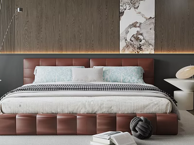Double Bed with Brown Leather Headboard Light Blue White Pillows Striped Blanket Wooden Wall Artwork 3d model