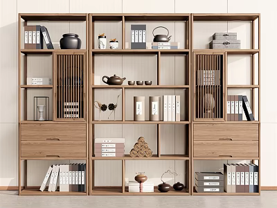 Traditional Wooden Multi compartment Display Shelf With Books Tea Sets And Decorative Items 3d model