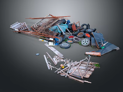 Scrapyard Waste Pile With Abandoned Tires Wooden Planks Metal Frames Vehicle Wheels And Plastic Sheets 3d model