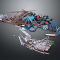 Scrapyard Waste Pile With Abandoned Tires Wooden Planks Metal Frames Vehicle Wheels And Plastic Sheets