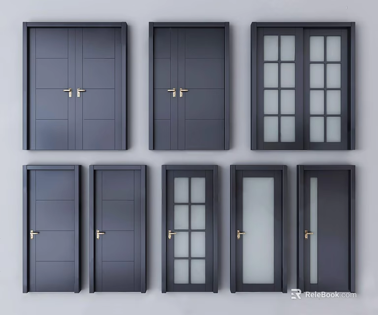 Various Dark Colored Swing Doors with Solid Panels and Glass Inserts and Metal Handles 3d model