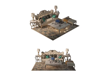 Classic Sofa and Coffee Table Set With Table Lamps Throw Pillows and Rug 3d model
