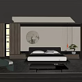 Modern Bedroom Interior With Circular Wall Art Green Chair Soft Lighting And Area Rug