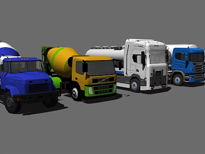 Different Types Of Utility Vehicles Including Concrete Mixer And Tank Trucks In Various Colors 3d model