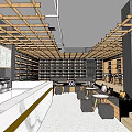 Modern Café Interior With Wooden Lattice Ceiling Mirrored Accents White Counter Bookshelves And Seating Area