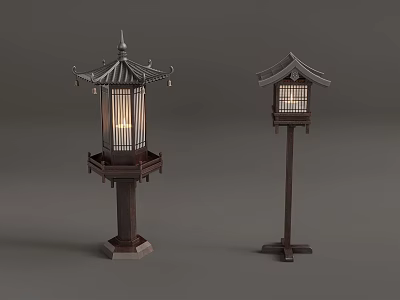 Traditional Japanese Style Outdoor Lanterns With Wooden Structure And Distinct Bases 3d model