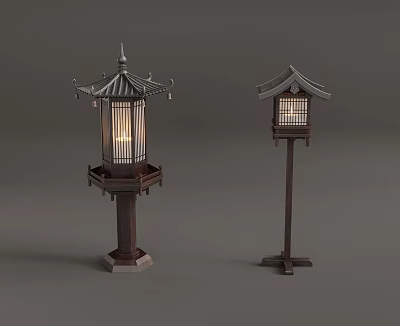 Traditional Japanese Style Outdoor Lanterns With Wooden Structure And Distinct Bases 3d model