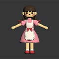 3D Game Movie Character With Brown Pigtails Pink Dress White Apron Red Bow And Red Shoes