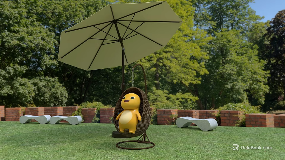 Yellow Inflatable Cartoon Figure Sitting On Hanging Rattan Swing Under Umbrella In Garden 3d model 
