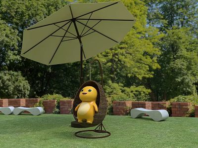 Yellow Inflatable Cartoon Figure Sitting On Hanging Rattan Swing Under Umbrella In Garden 3d model