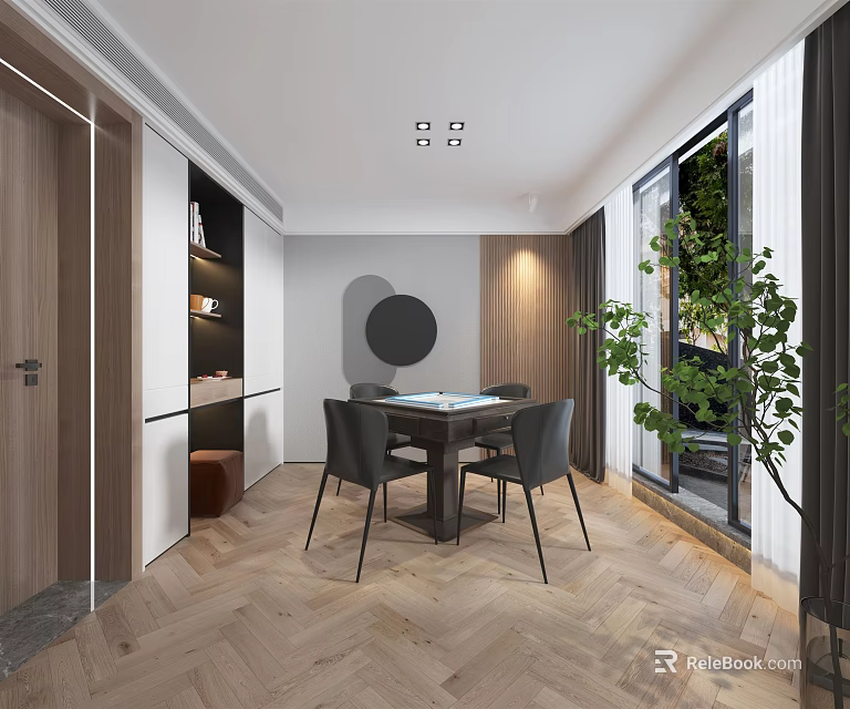 Modern Hotel Mahjong Room Interior Design With Wooden Floor And Table Chairs 3d model 