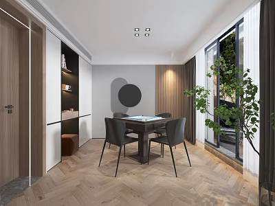 Modern Hotel Mahjong Room Interior Design With Wooden Floor And Table Chairs 3d model