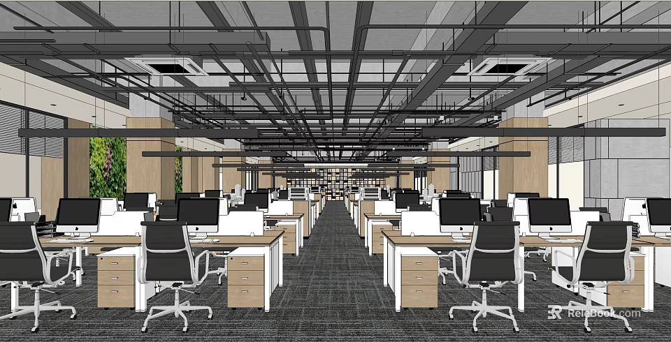 Modern Public Office Space With Open Layout Desks Computers Office Chairs And Ceiling Beams 3d model