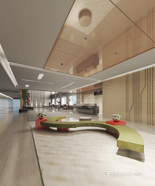 Modern Service Hall Interior With Reception Desk Spacious Seating And Decorative Plants 3d model