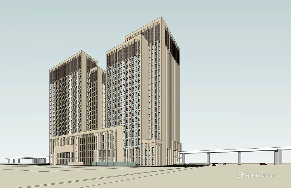 Modern High Rise Office Building With Glass Curtain Walls And Symmetrical Facade Design 3d model 