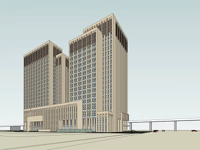 Modern High Rise Office Building With Glass Curtain Walls And Symmetrical Facade Design 3d model