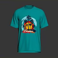 Turquoise Casual T Shirt With Hawaii Print Palm Trees And Sunset Design