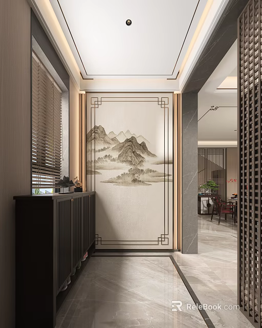 Elegant Modern Chinese Entryway Hallway with Landscape Painting Backdrop Black Cabinet and Blinds 3d model 